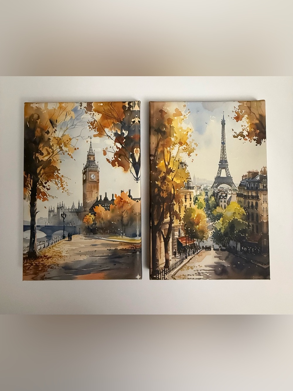 London Big Ben & Paris Eiffel Tower Canvas Wall Art Set of 2 Autumn 8x12 Used